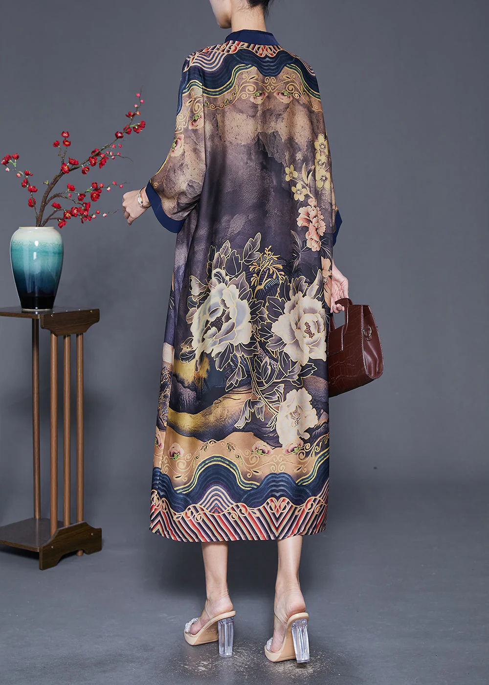 Fine Mandarin Collar Print Silk Maxi Dresses Bracelet Sleeve - Image 4