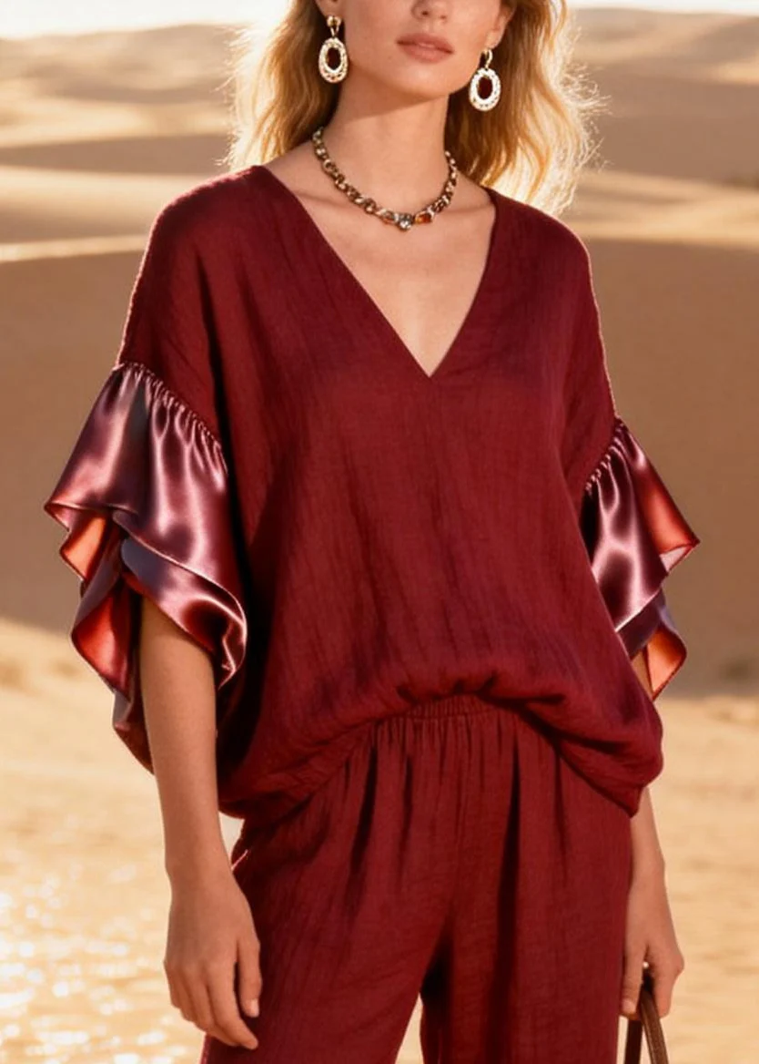 Fine Mulberry V Neck Patchwork Cotton Two Pieces Set Butterfly Sleeve - Image 2