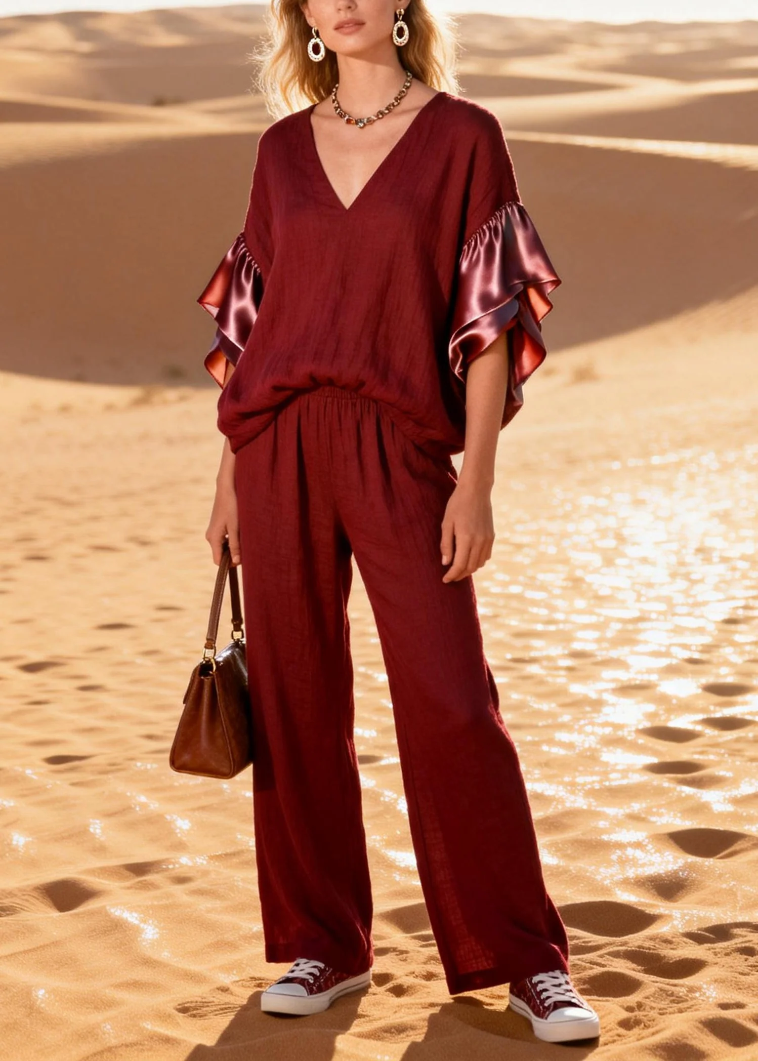 Fine Mulberry V Neck Patchwork Cotton Two Pieces Set Butterfly Sleeve - Image 3