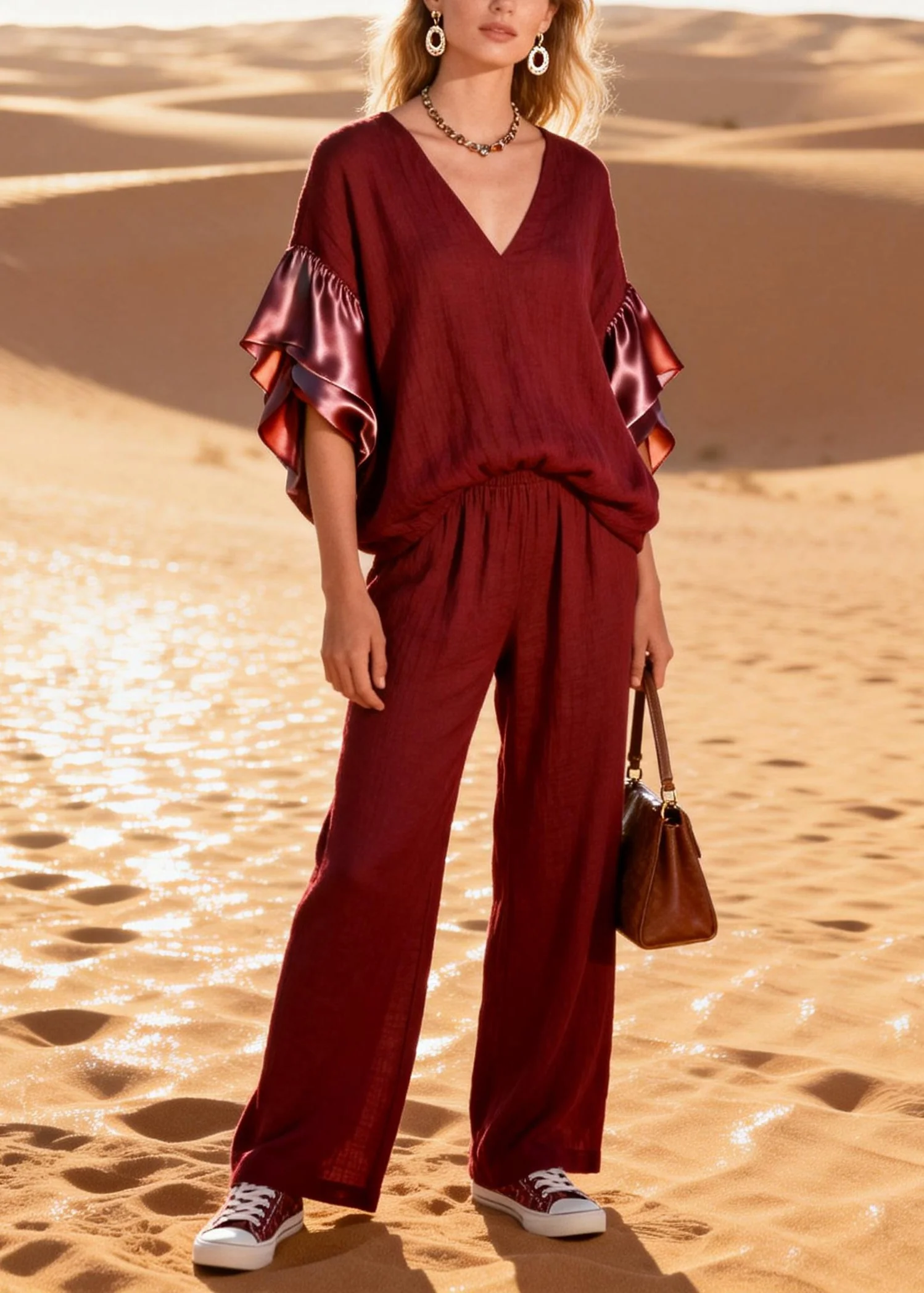Fine Mulberry V Neck Patchwork Cotton Two Pieces Set Butterfly Sleeve - Image 5