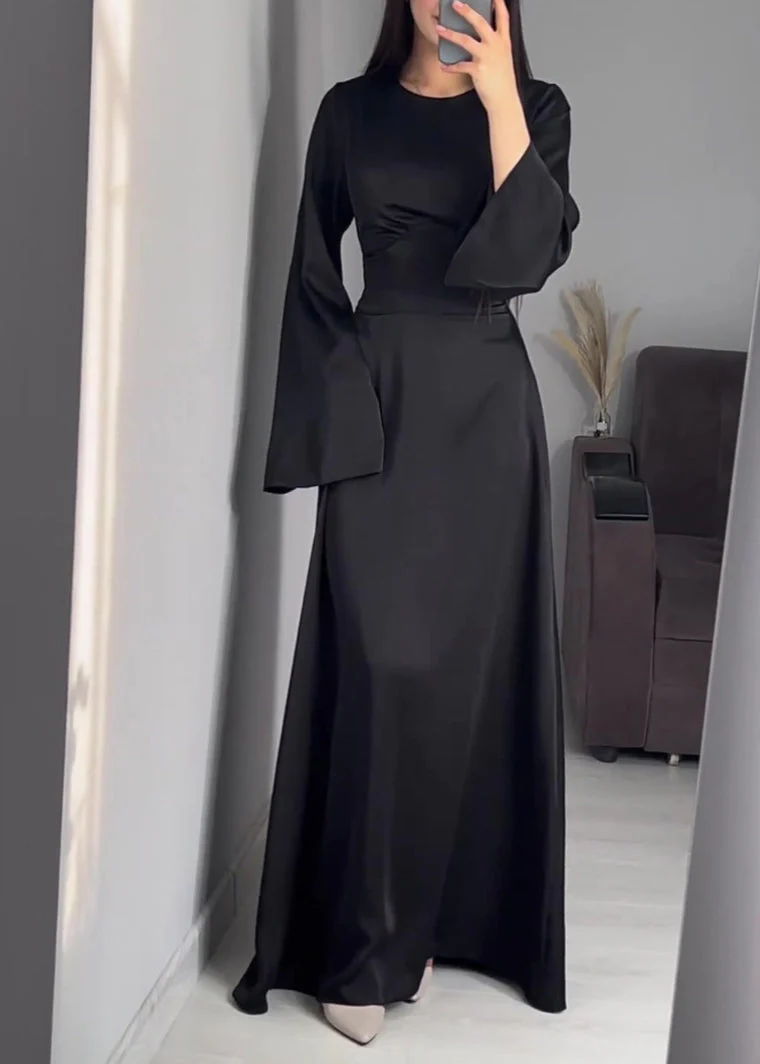 Fine Navy O Neck Lace Up Slim Fit Silk Long Dress Spring - Image 2