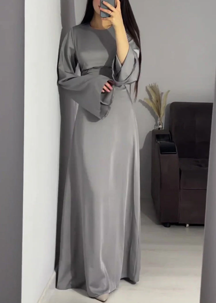 Fine Navy O Neck Lace Up Slim Fit Silk Long Dress Spring - Image 3