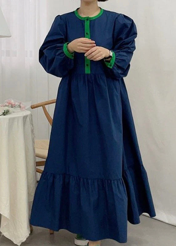 Fine Navy Puff Sleeve Patchwork Cotton Party Dress Spring - Image 2