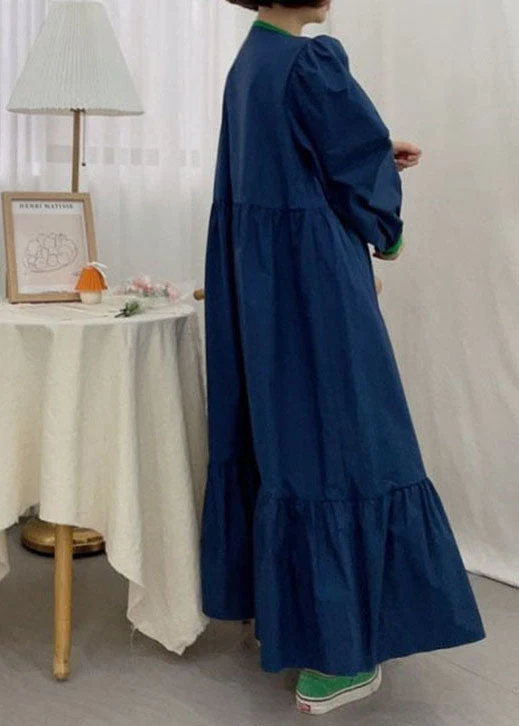 Fine Navy Puff Sleeve Patchwork Cotton Party Dress Spring - Image 3