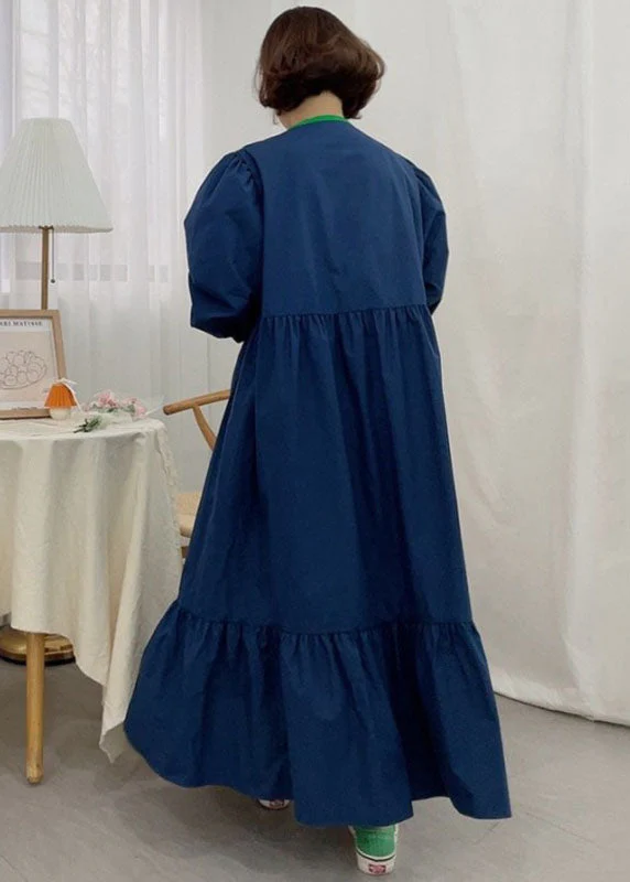 Fine Navy Puff Sleeve Patchwork Cotton Party Dress Spring - Image 4