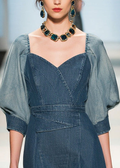 Fine Navy Puff Sleeve Patchwork Denim Work Dress Summer - Image 2