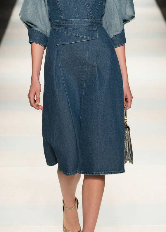 Fine Navy Puff Sleeve Patchwork Denim Work Dress Summer - Image 4