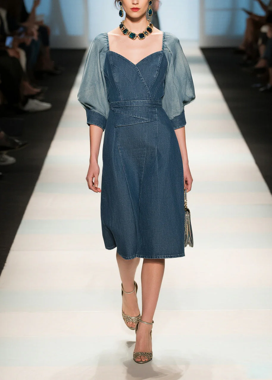 Fine Navy Puff Sleeve Patchwork Denim Work Dress Summer - Image 5