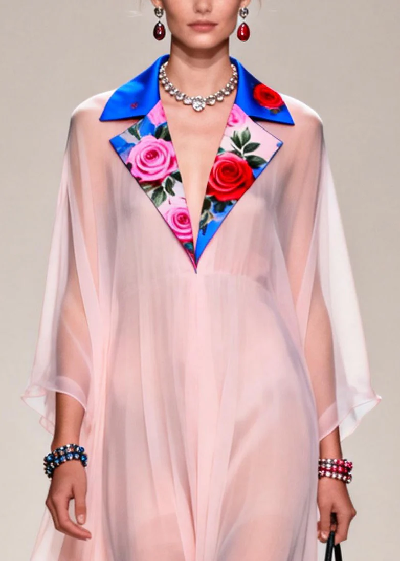 Fine Nude Notched Patchwork Chiffon Sheer Dresses Summer - Image 2