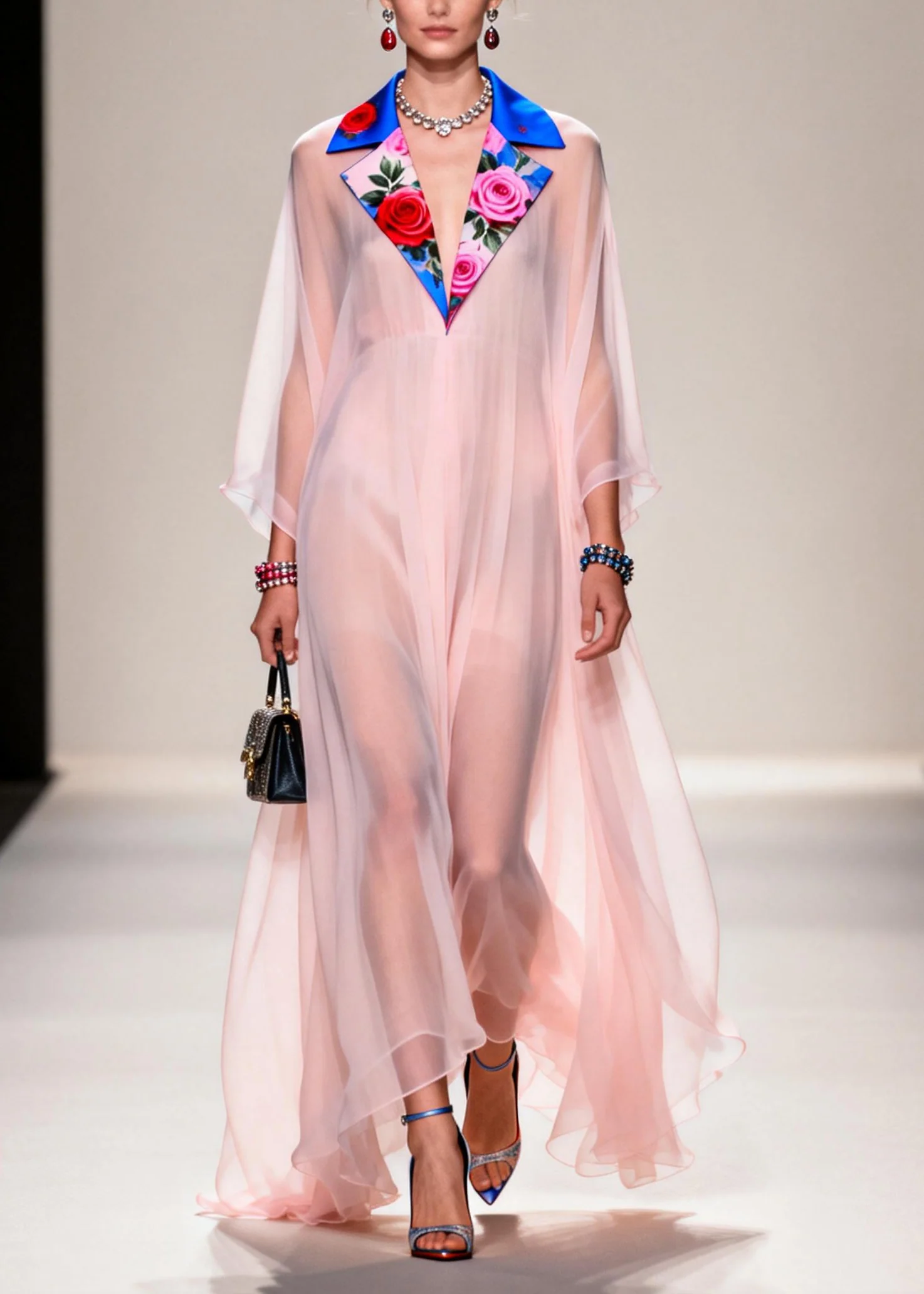 Fine Nude Notched Patchwork Chiffon Sheer Dresses Summer - Image 3