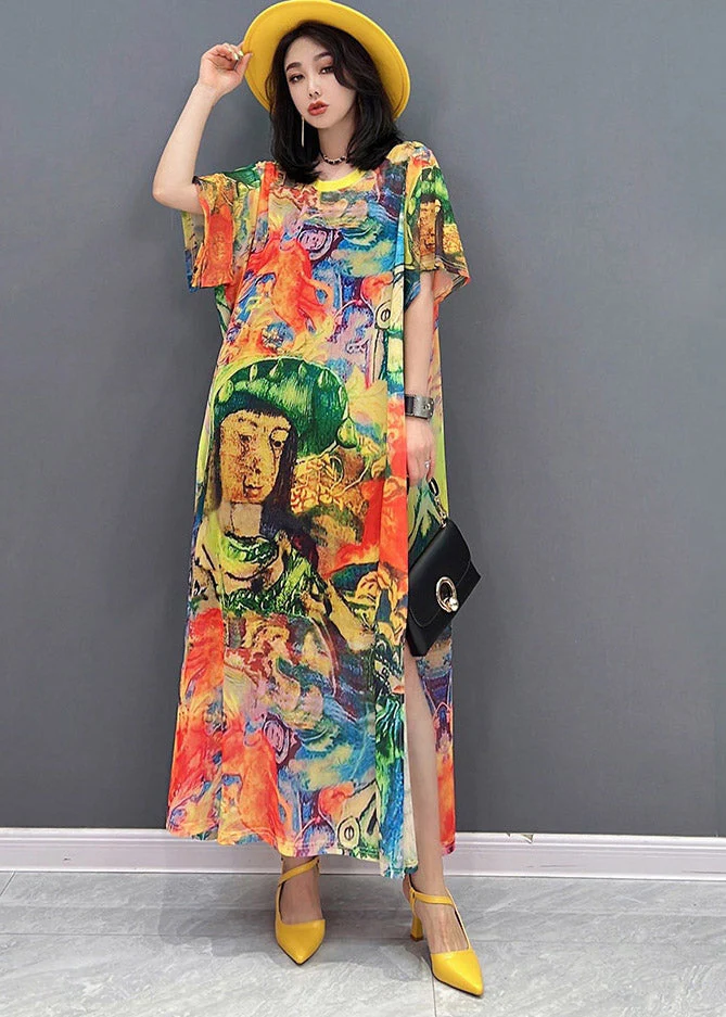 Fine O-Neck Print Side Open Chiffon Party Dress Short Sleeve - Image 2