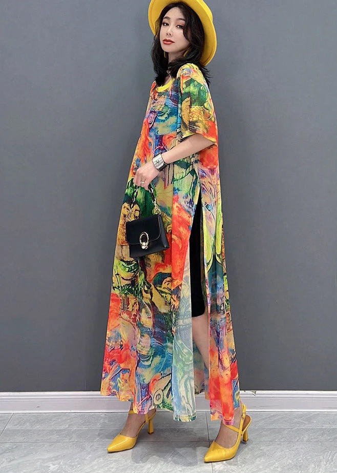 Fine O-Neck Print Side Open Chiffon Party Dress Short Sleeve - Image 3