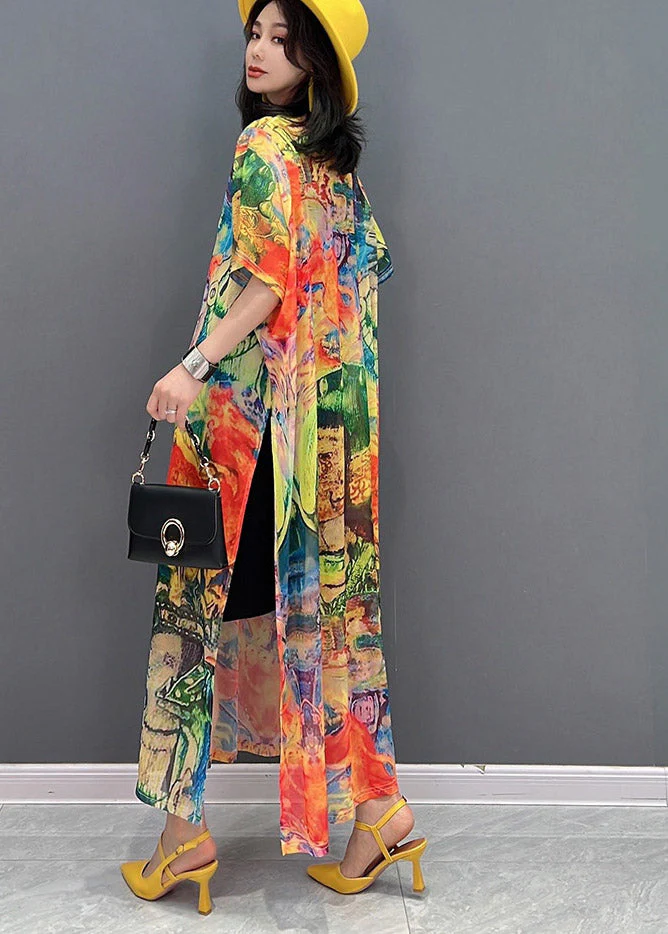 Fine O-Neck Print Side Open Chiffon Party Dress Short Sleeve - Image 4