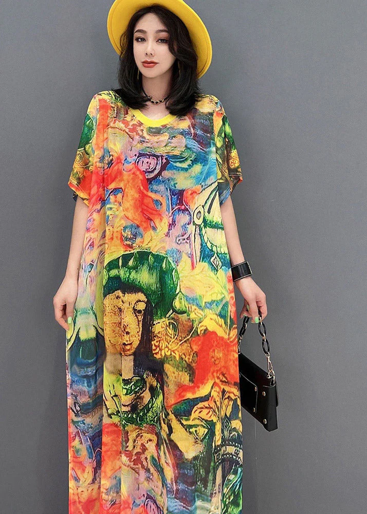 Fine O-Neck Print Side Open Chiffon Party Dress Short Sleeve - Image 5