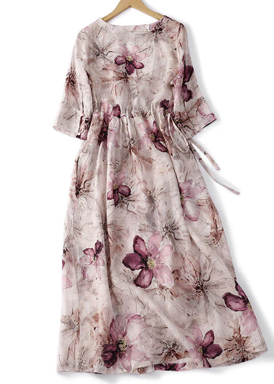 Fine O-Neck Print Wrinkled Linen Long Dress Summer - Image 2