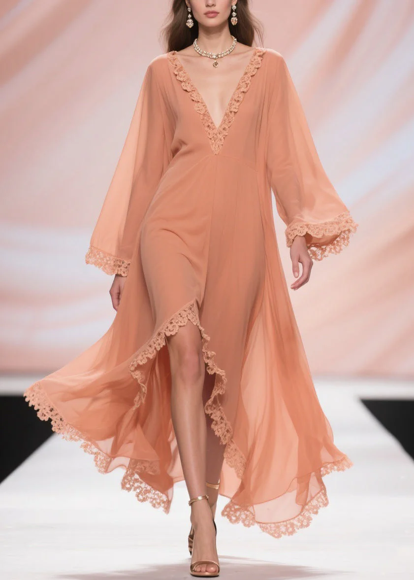 Fine Orange Lace Side Open Solid Chiffon Long Dresses - Image 5