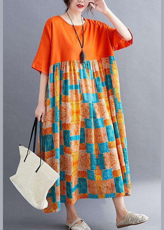 Fine Orange Loose Patchwork Print Summer Holiday Dress Half Sleeve - Image 2