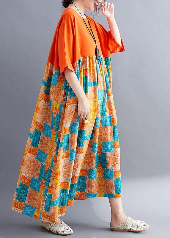 Fine Orange Loose Patchwork Print Summer Holiday Dress Half Sleeve - Image 3