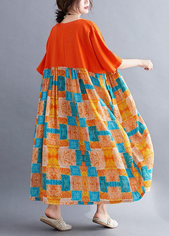 Fine Orange Loose Patchwork Print Summer Holiday Dress Half Sleeve - Image 4