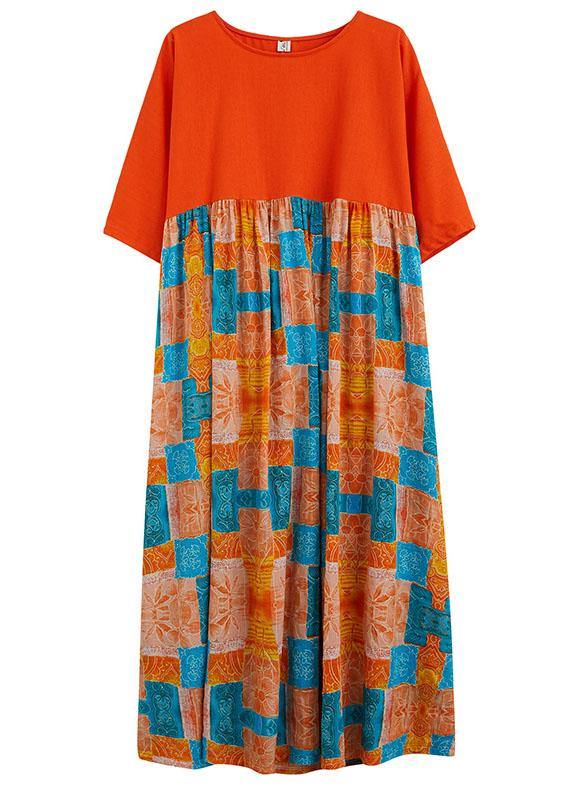 Fine Orange Loose Patchwork Print Summer Holiday Dress Half Sleeve - Image 5