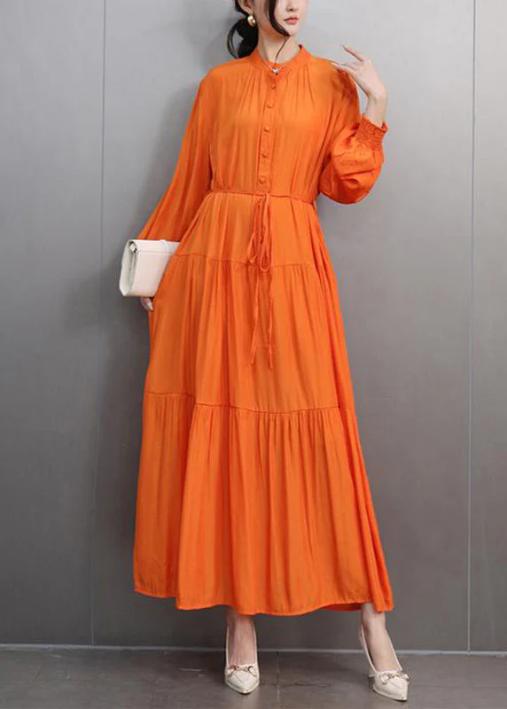 Fine Orange O-Neck Patchwork Tie Waist Long Dresses Spring - Image 3
