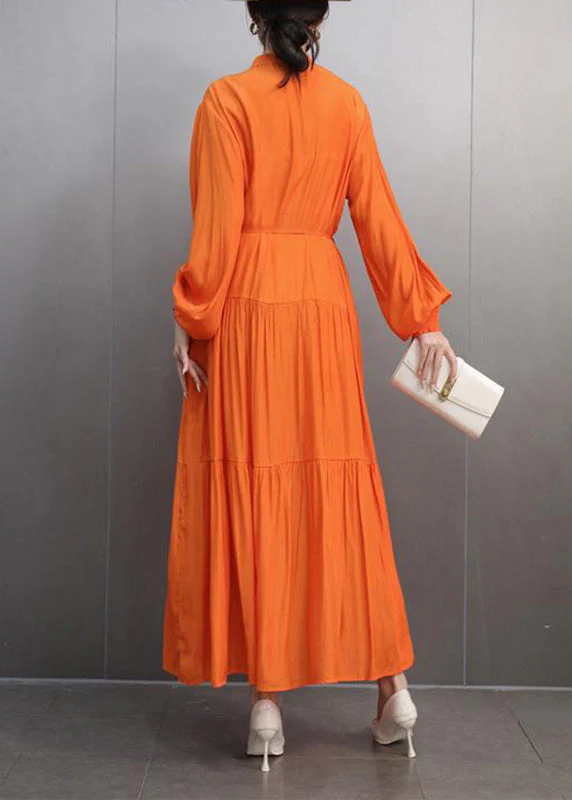 Fine Orange O-Neck Patchwork Tie Waist Long Dresses Spring - Image 5