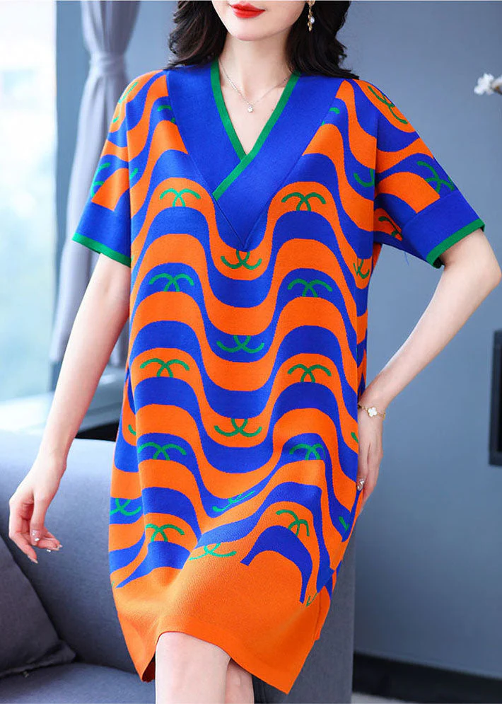 Fine Orange Striped Print V Neck Knit Holiday Dress Short Sleeve - Image 2