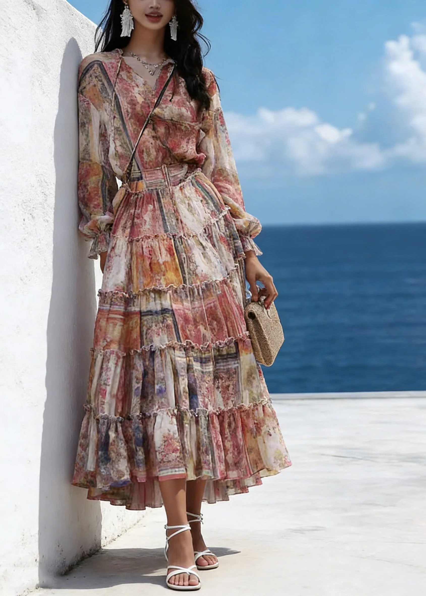 Fine Orange V Neck Print Tunic Chiffon Long Dresses Lantern Sleeve - Image 3