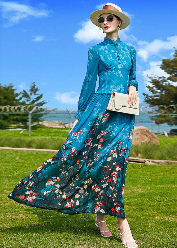 Fine Peacock Blue Mandarin Collar Ruffled Print Chiffon Cinch Dresses Spring - Image 3