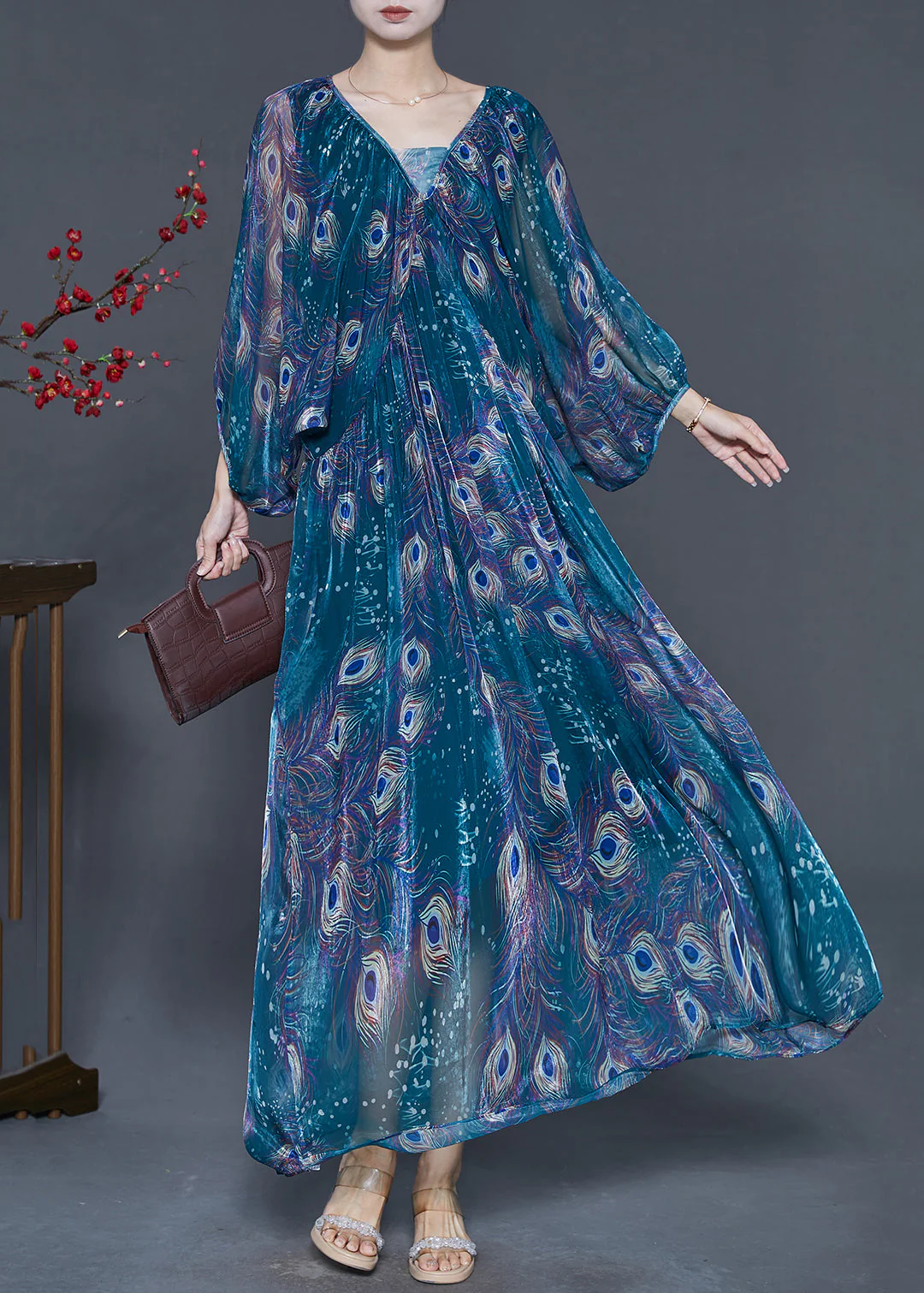 Fine Peacock Green Oversized Feather Print Chiffon Maxi Dress Spring - Image 2
