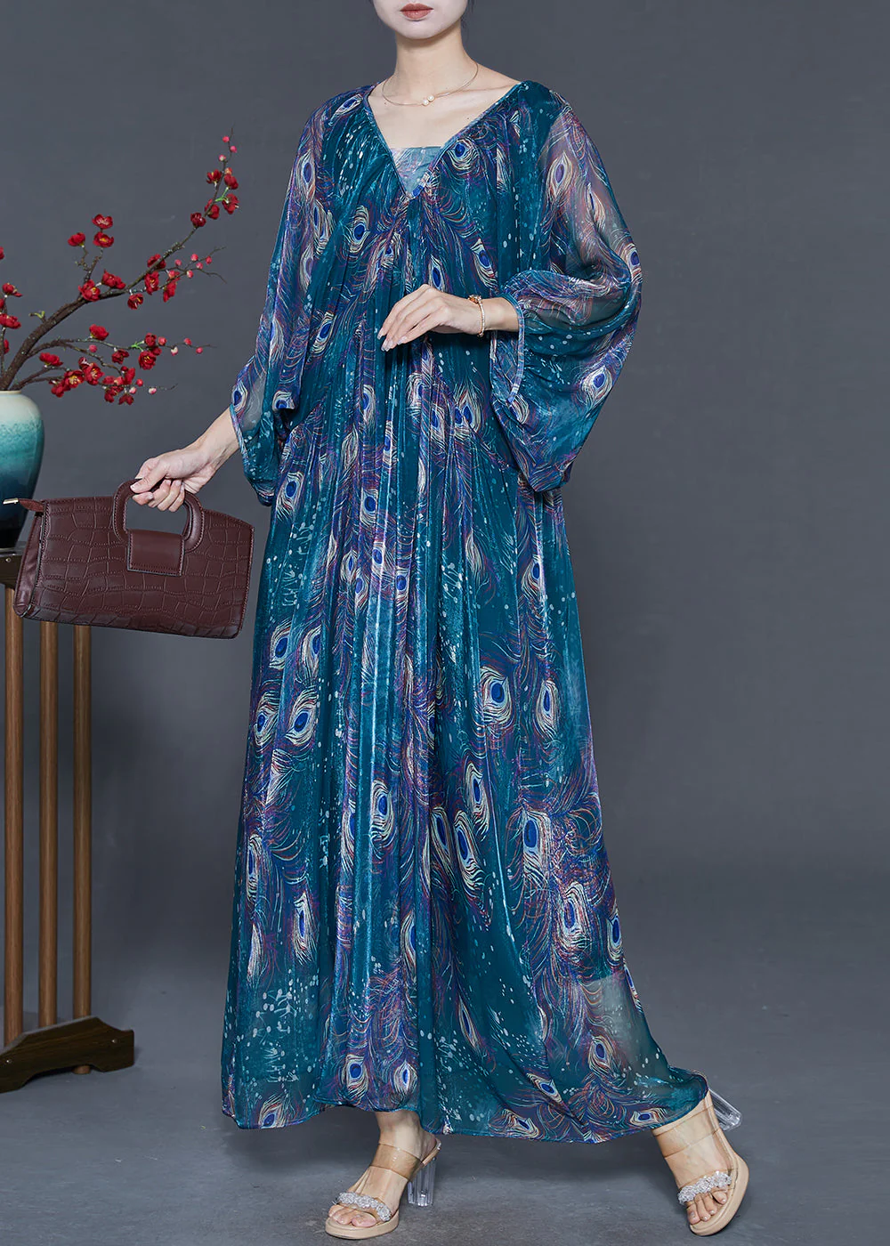 Fine Peacock Green Oversized Feather Print Chiffon Maxi Dress Spring - Image 3