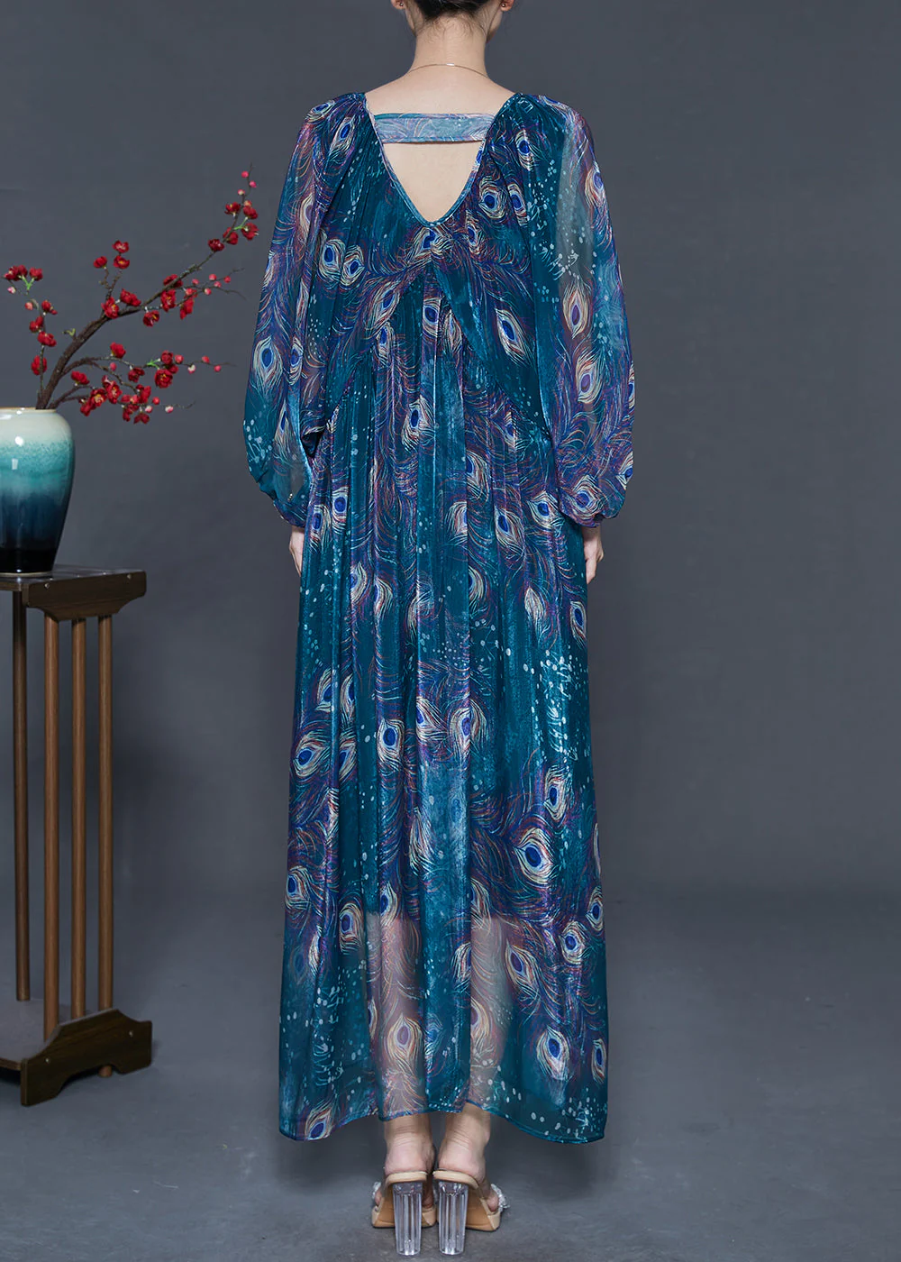Fine Peacock Green Oversized Feather Print Chiffon Maxi Dress Spring - Image 4