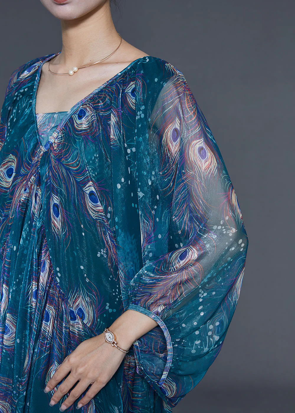 Fine Peacock Green Oversized Feather Print Chiffon Maxi Dress Spring - Image 5