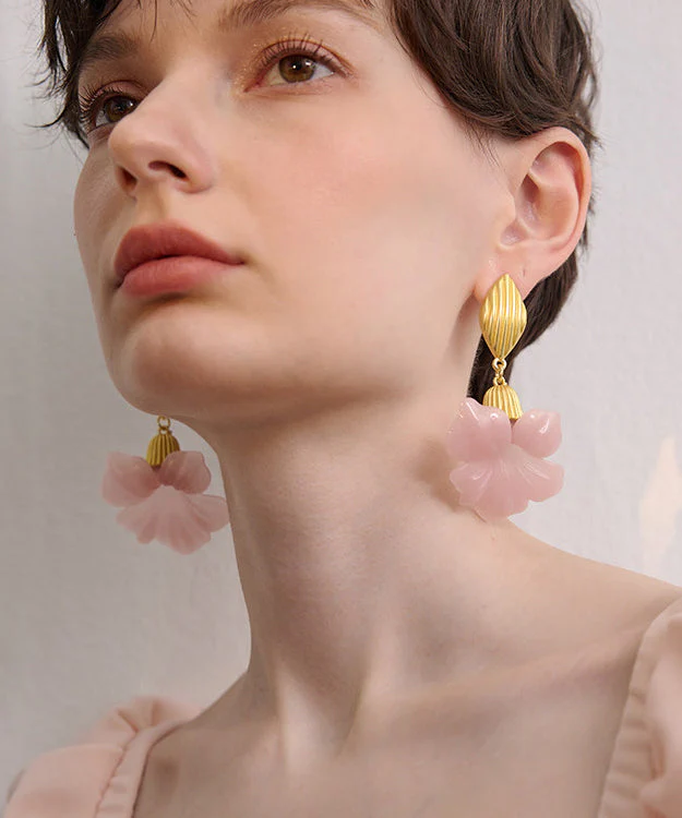 Fine Pink Floral Exaggeration Gold Plated Drop Earrings