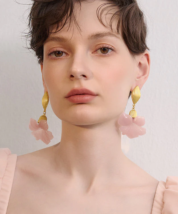 Fine Pink Floral Exaggeration Gold Plated Drop Earrings - Image 2