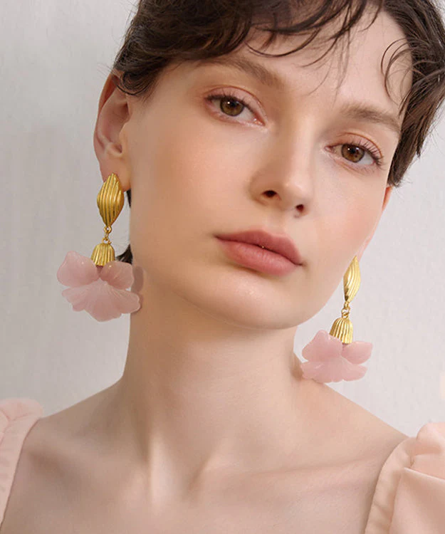 Fine Pink Floral Exaggeration Gold Plated Drop Earrings - Image 3
