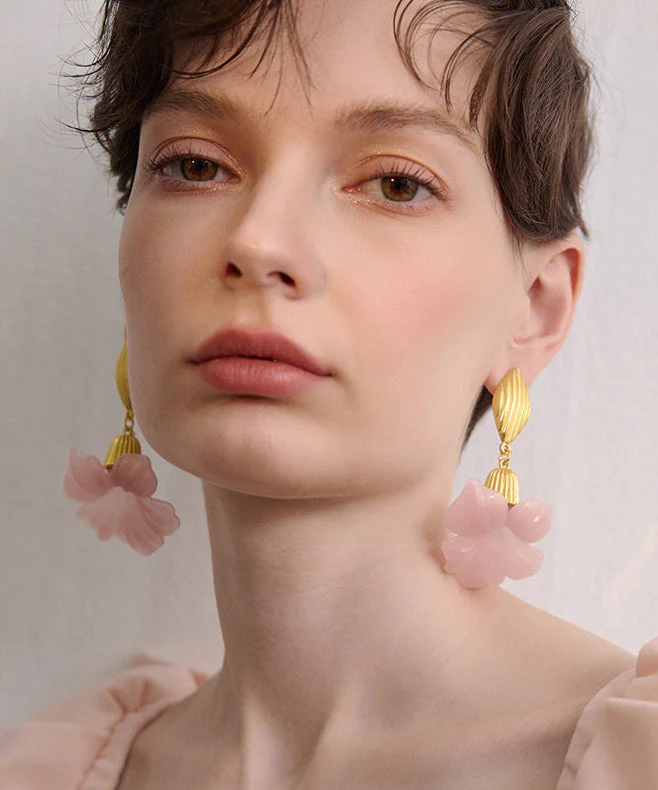 Fine Pink Floral Exaggeration Gold Plated Drop Earrings - Image 4