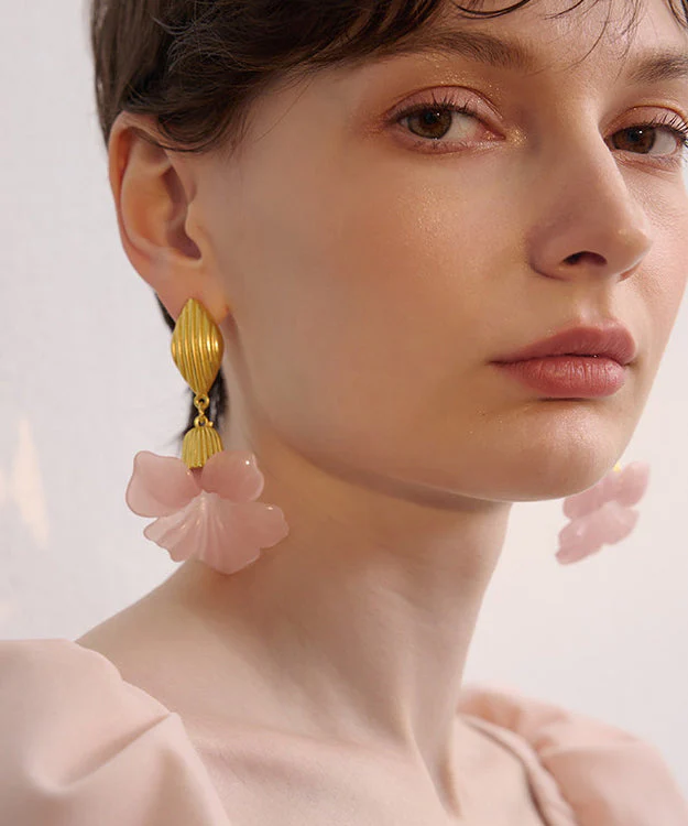 Fine Pink Floral Exaggeration Gold Plated Drop Earrings - Image 5