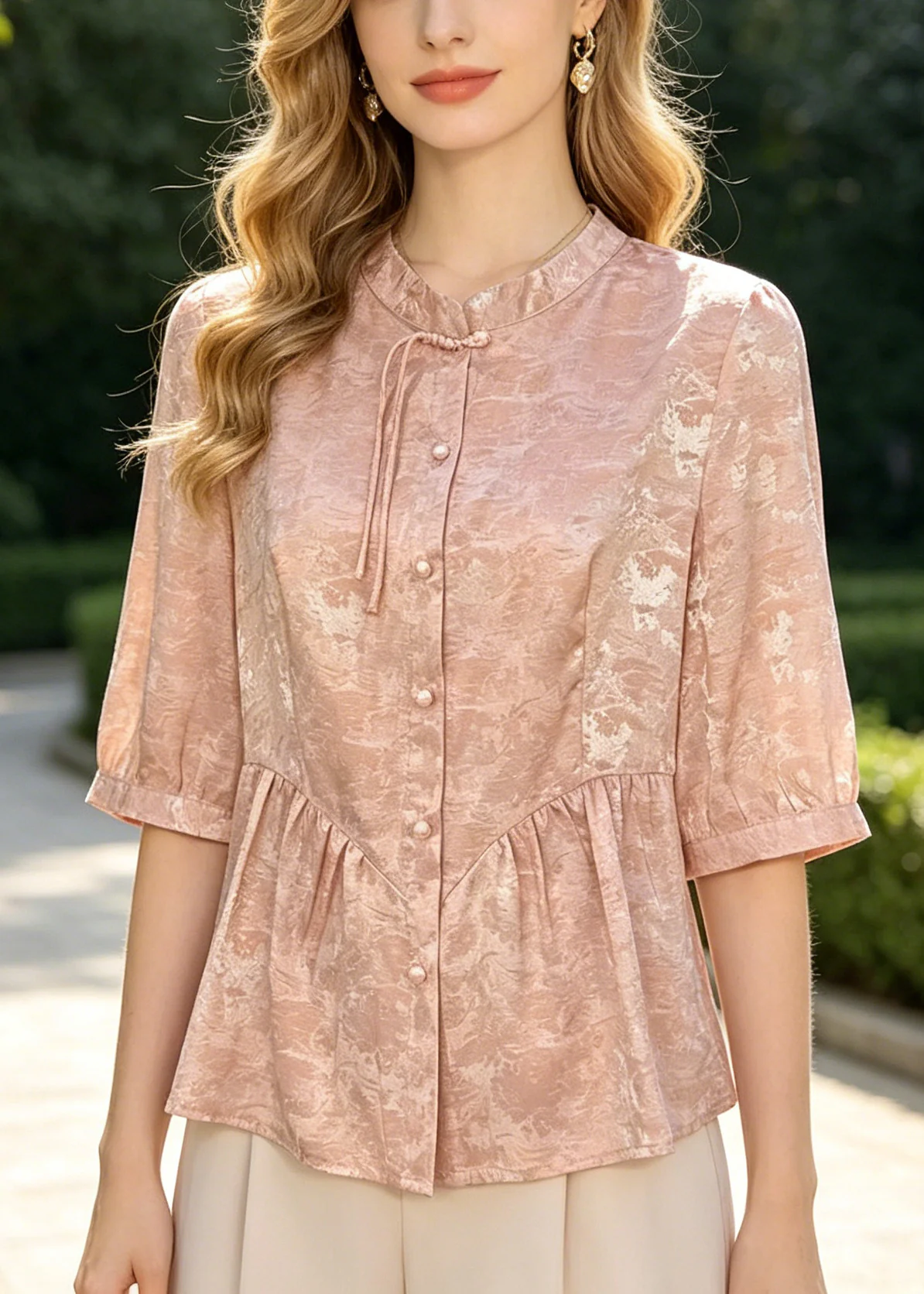Fine Pink Mandarin Collar Jacquard Silk Top Summer