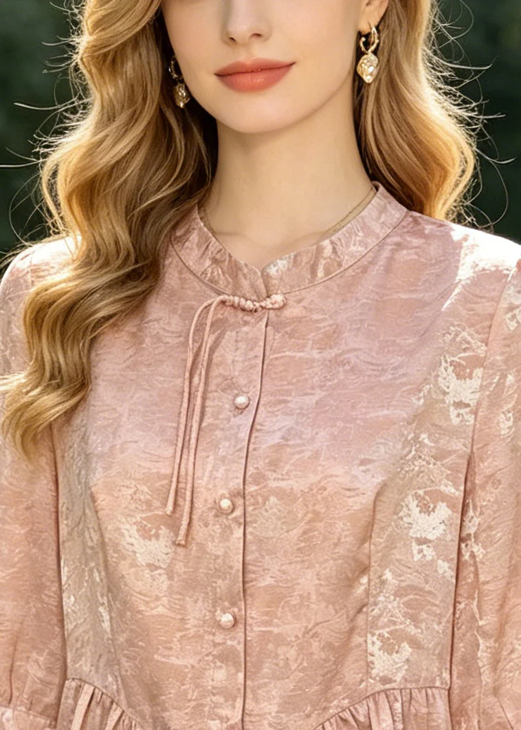 Fine Pink Mandarin Collar Jacquard Silk Top Summer - Image 2