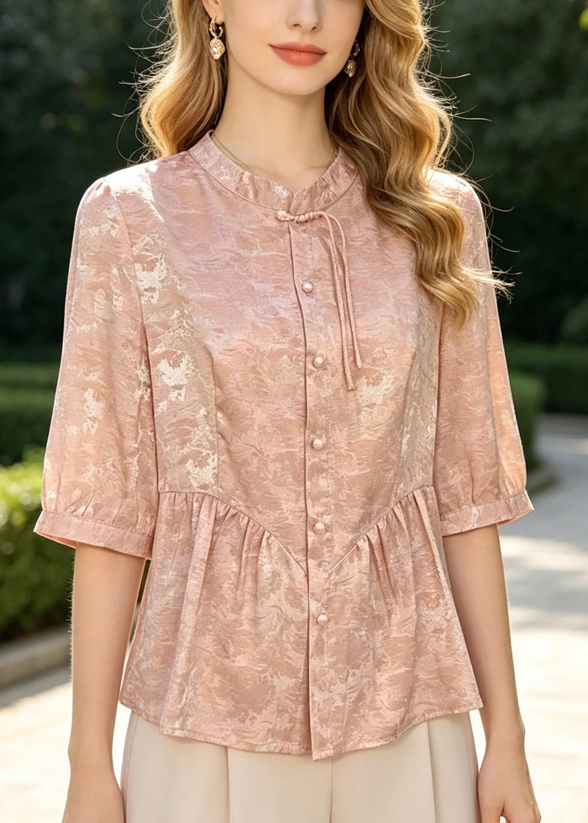 Fine Pink Mandarin Collar Jacquard Silk Top Summer - Image 3