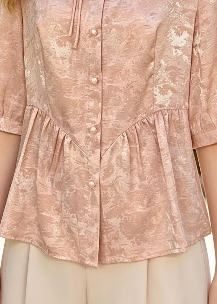 Fine Pink Mandarin Collar Jacquard Silk Top Summer - Image 4