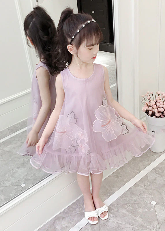 Fine Pink O-Neck Patchwork Embroideried Patchwork Tulle Girls Long Dresses Sleeveless - Image 2