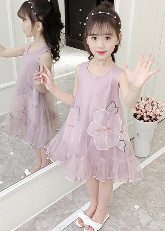 Fine Pink O-Neck Patchwork Embroideried Patchwork Tulle Girls Long Dresses Sleeveless - Image 3
