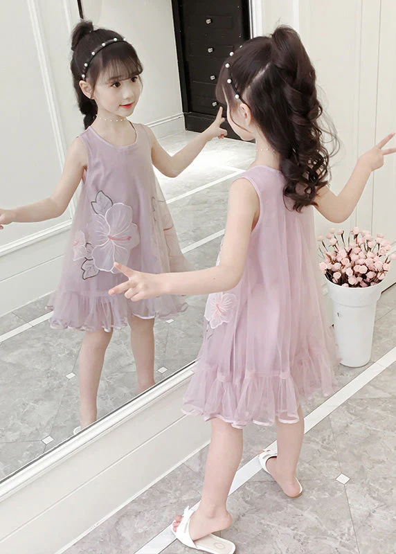 Fine Pink O-Neck Patchwork Embroideried Patchwork Tulle Girls Long Dresses Sleeveless - Image 4