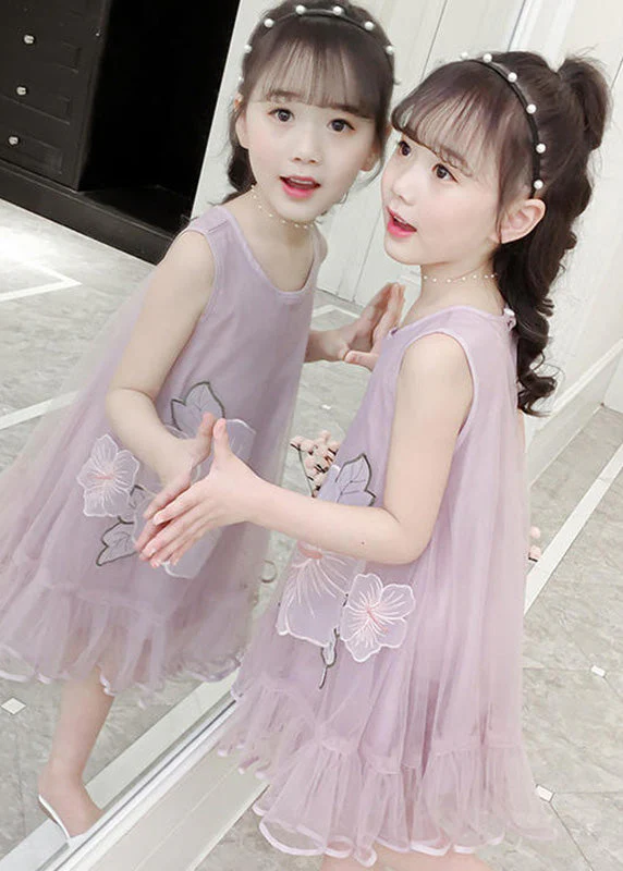 Fine Pink O-Neck Patchwork Embroideried Patchwork Tulle Girls Long Dresses Sleeveless - Image 5