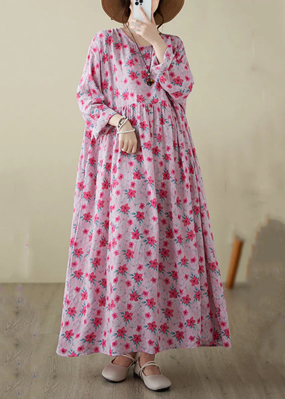 Fine Pink O-Neck Print Patchwork Long Dress Spring - Image 2