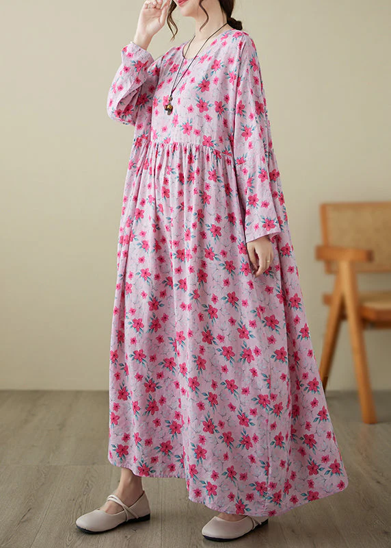 Fine Pink O-Neck Print Patchwork Long Dress Spring - Image 3