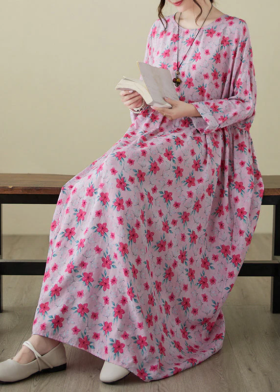 Fine Pink O-Neck Print Patchwork Long Dress Spring - Image 4