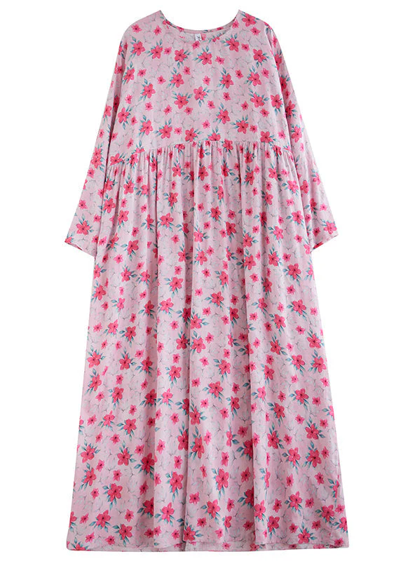Fine Pink O-Neck Print Patchwork Long Dress Spring - Image 5